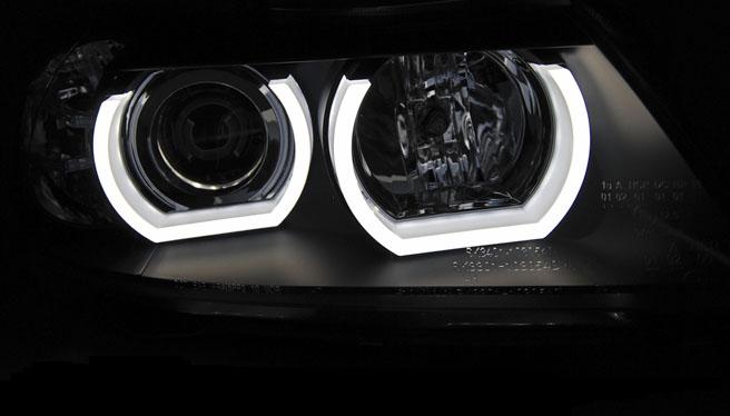 Koplampen BMW E90/E91 05-08 Angel Eyes U-Type 3D zwart